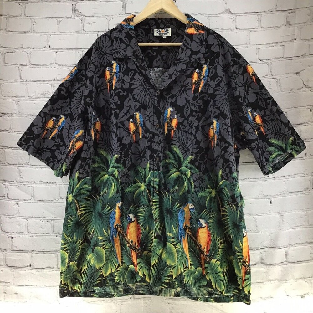 Pacific Legend Hawaiian Shirt Black Gray Parrots‎ Jungle Foliage Button Down